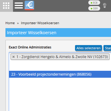 U kunt kiezen uit alle geautoriseerde Exact Online administraties.